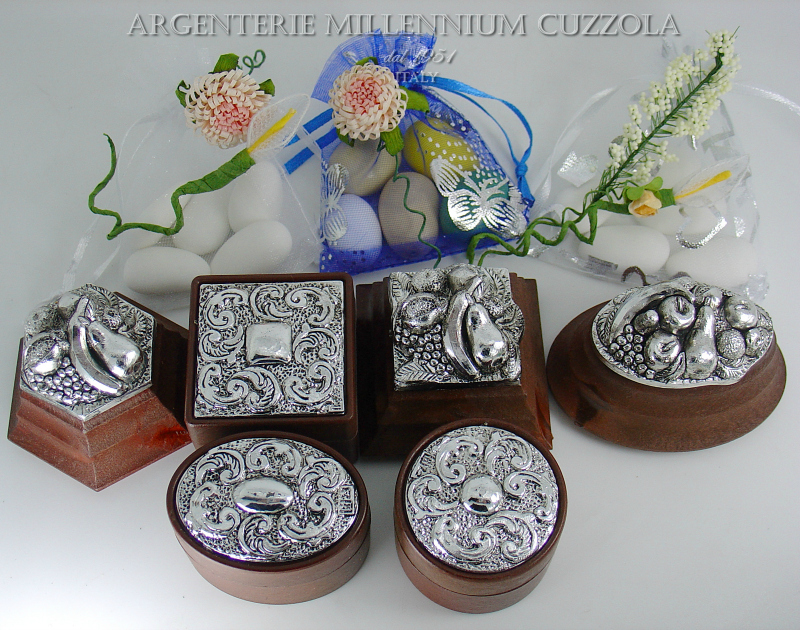 Set 3 Pz. BOMBONIERA COFANETTO SCATOLINA ARGENTATA PORTA GIOIE NOZZE